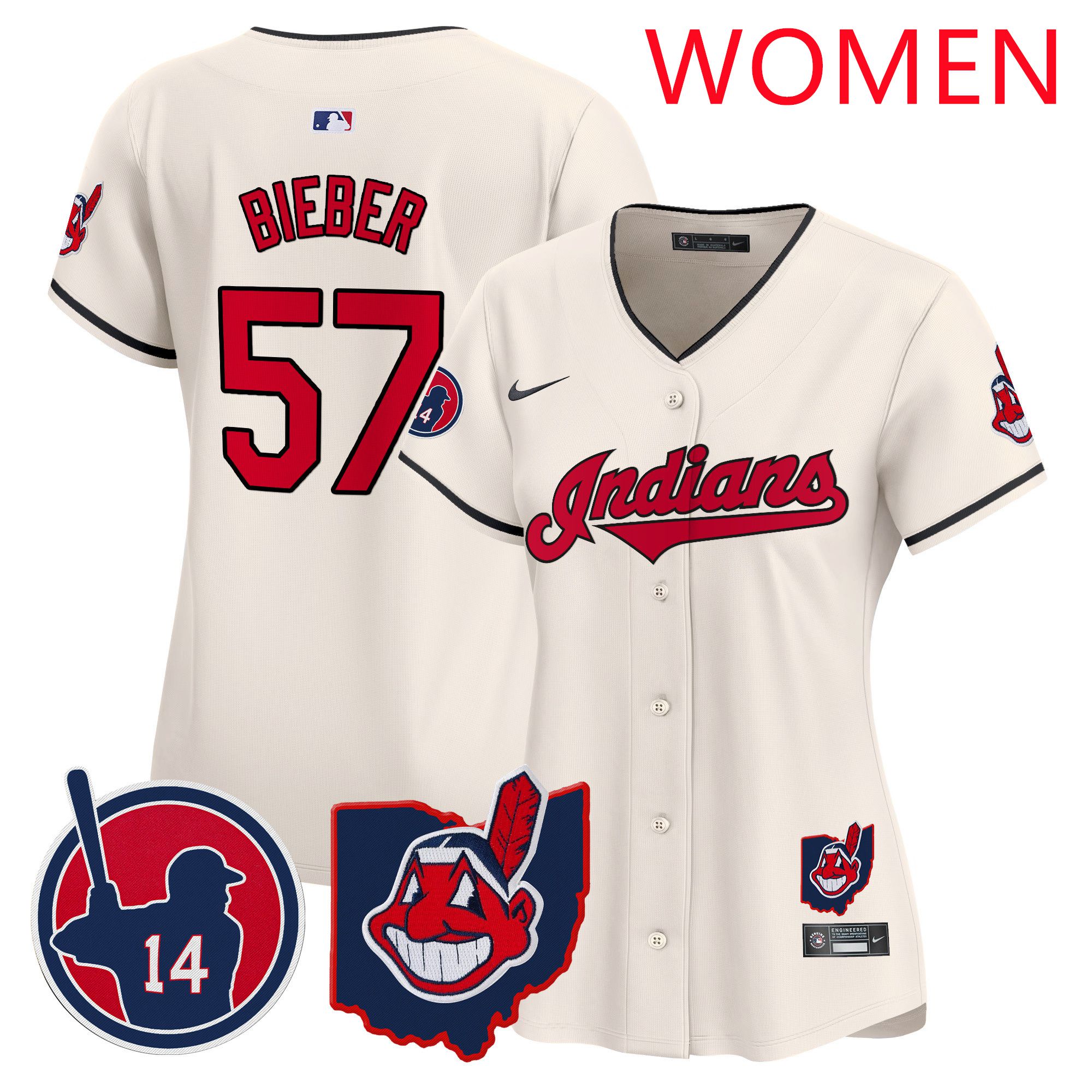 Women Cleveland Indians 57 Bieber Cream Nike 2025 Patch Vapor Premier Limited MLB Jersey